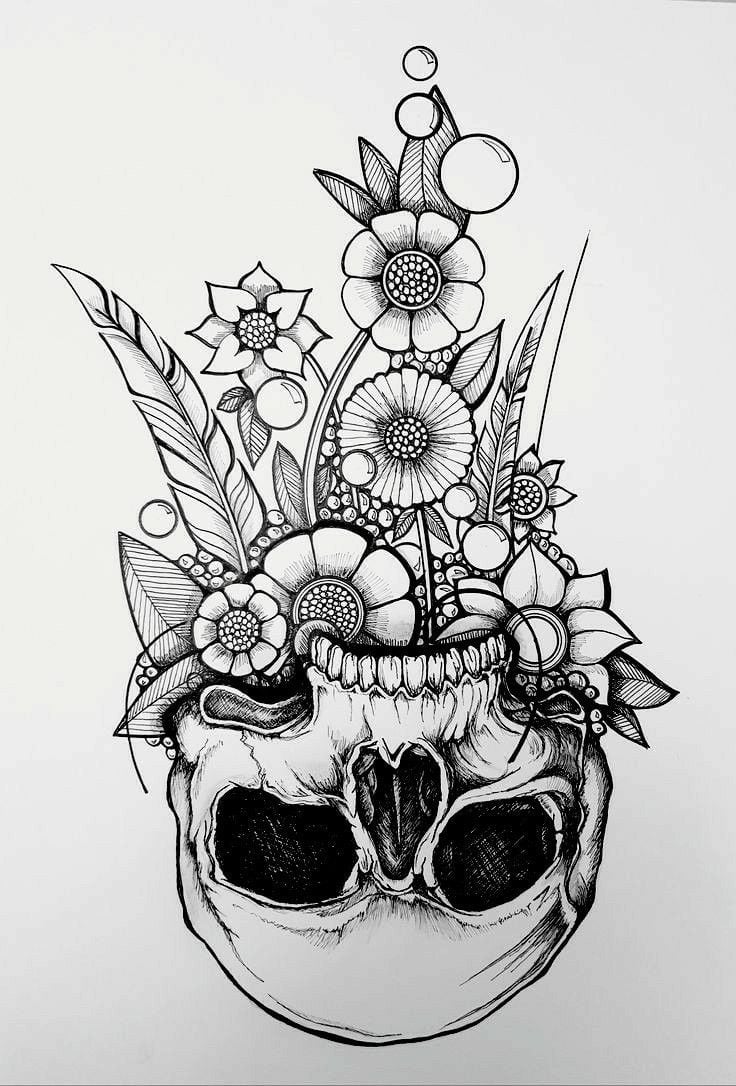 Skull and Flowers Tattoo Design