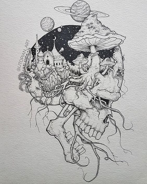 Skull with Mushrooms
