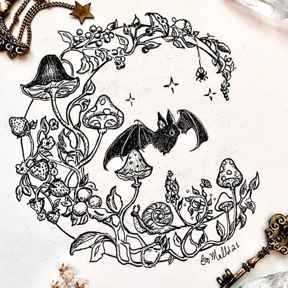 Moon with Mushrooms Tattoo Design
