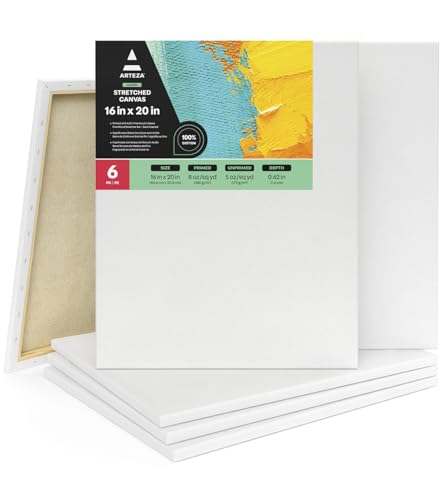 ARTEZA Stretched Canvas, 16 x 20 Inches, Pack of 6, Blank...