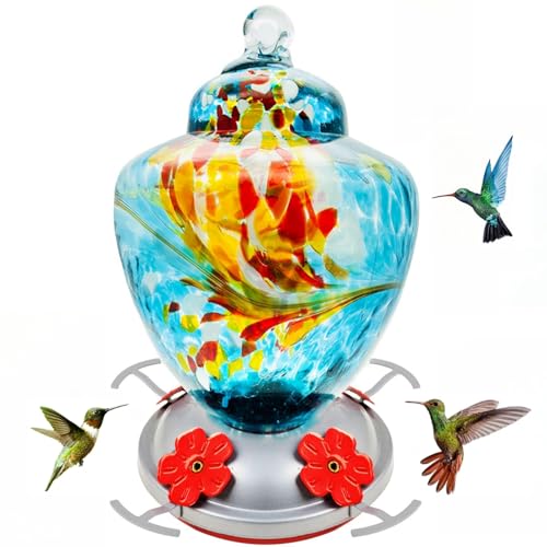 REZIPO Hummingbird Feeder with Perch - Hand Blown Glass -...
