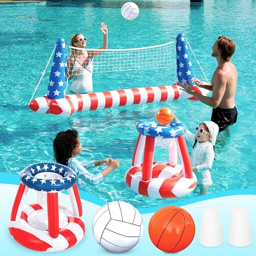 Inflatable Pool Floats Set American Flag Volleyball Net &...
