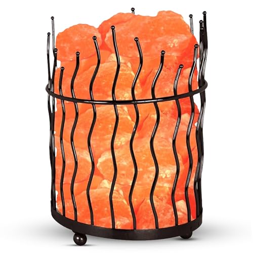 Natural Himalayan Salt , Tall Round Metal Basket lamp with...