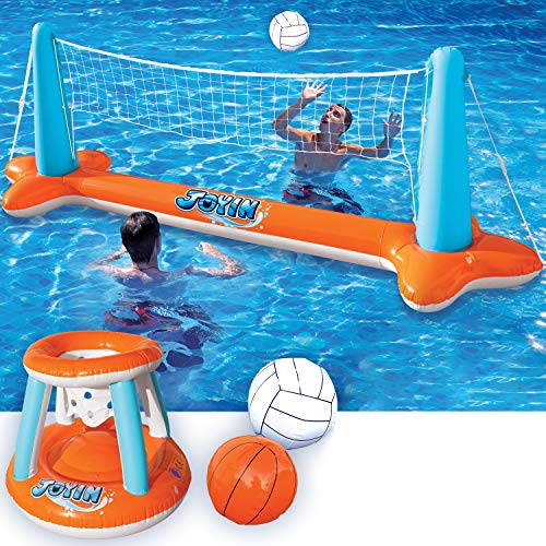 JOYIN Inflatable Pool Float Set Volleyball Net & Basketball...