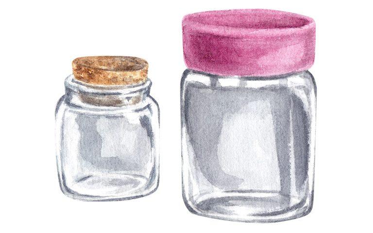 A glass jar with a lid on a white background. Watercolor empty glass jar. Transparent jar for Provencal herbs: basil, cumin, rosemary, marjoram. The illustration is suitable for design